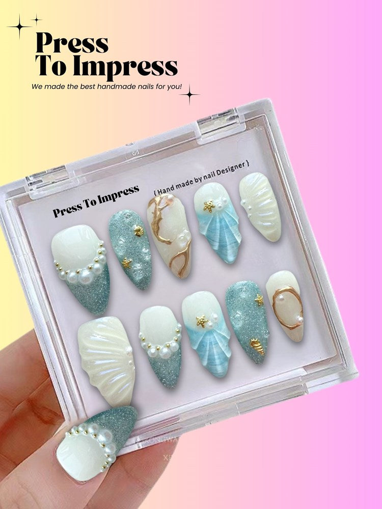 Ocean Pearl 3D Almond Handmade Press On Nails