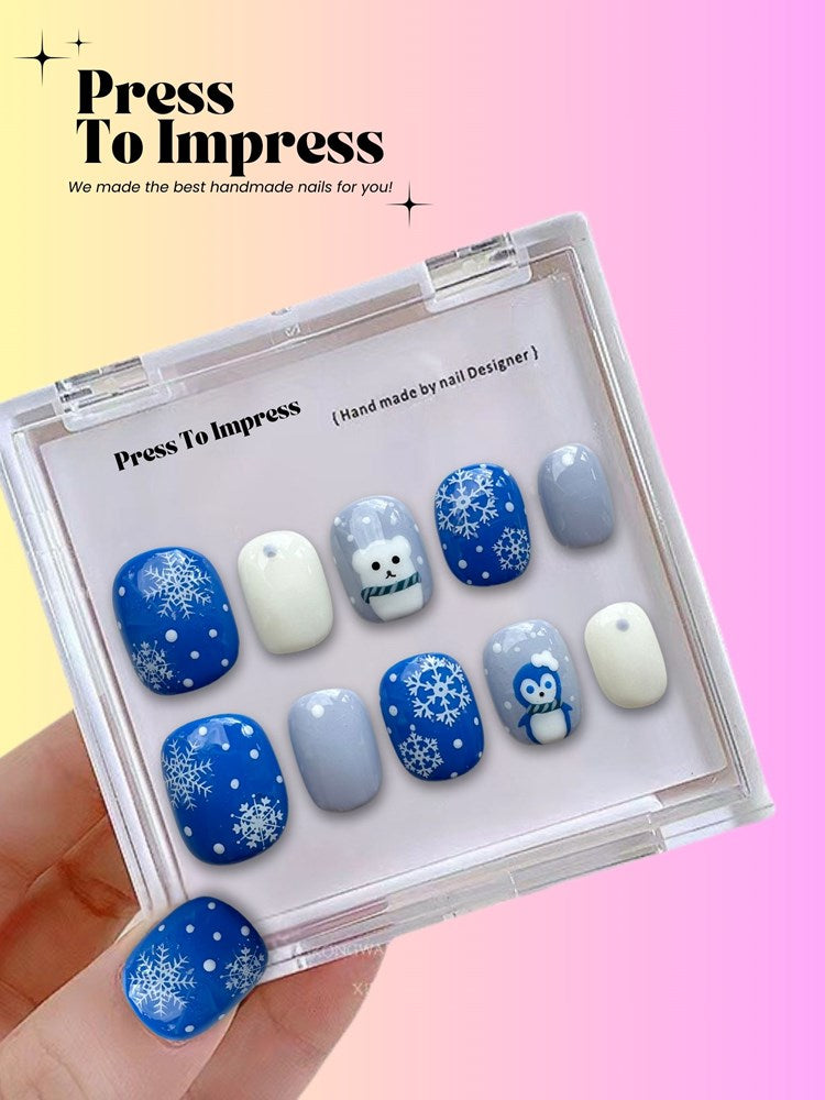 Snowy Friends Short Square Chrismtas Handmade Press On Nails