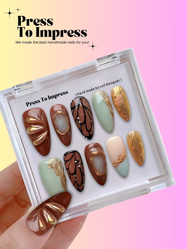 Autumn Butterfly 3D Almond Handmade Press On Nails
