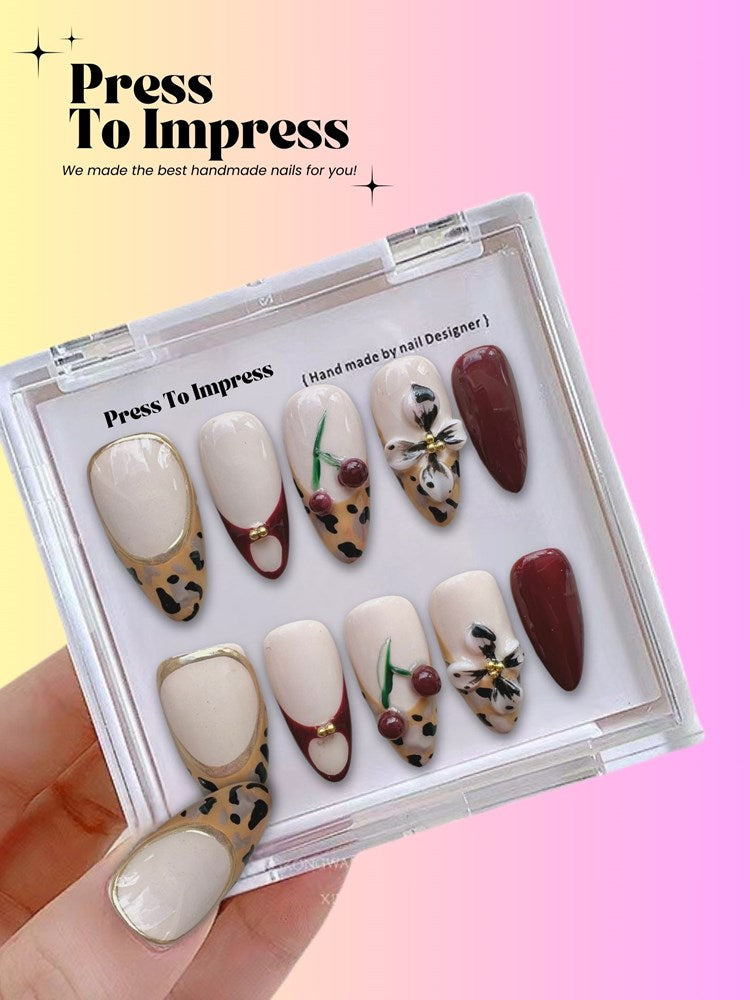 Cherry Leopard 3D Almond Handmade Press On Nails