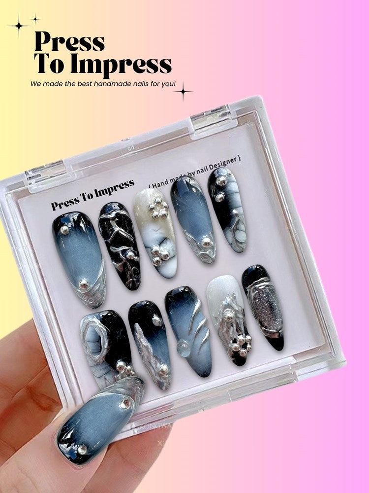 Midnight Chrome 3D Almond Handmade Press On Nails