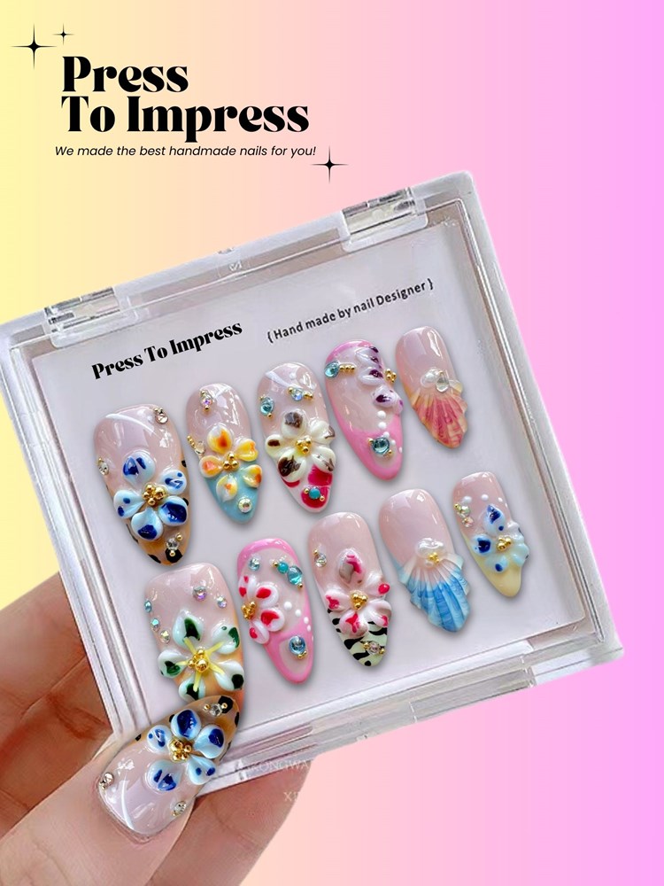 Paradise Petals 3D Almond Handmade Press On Nails