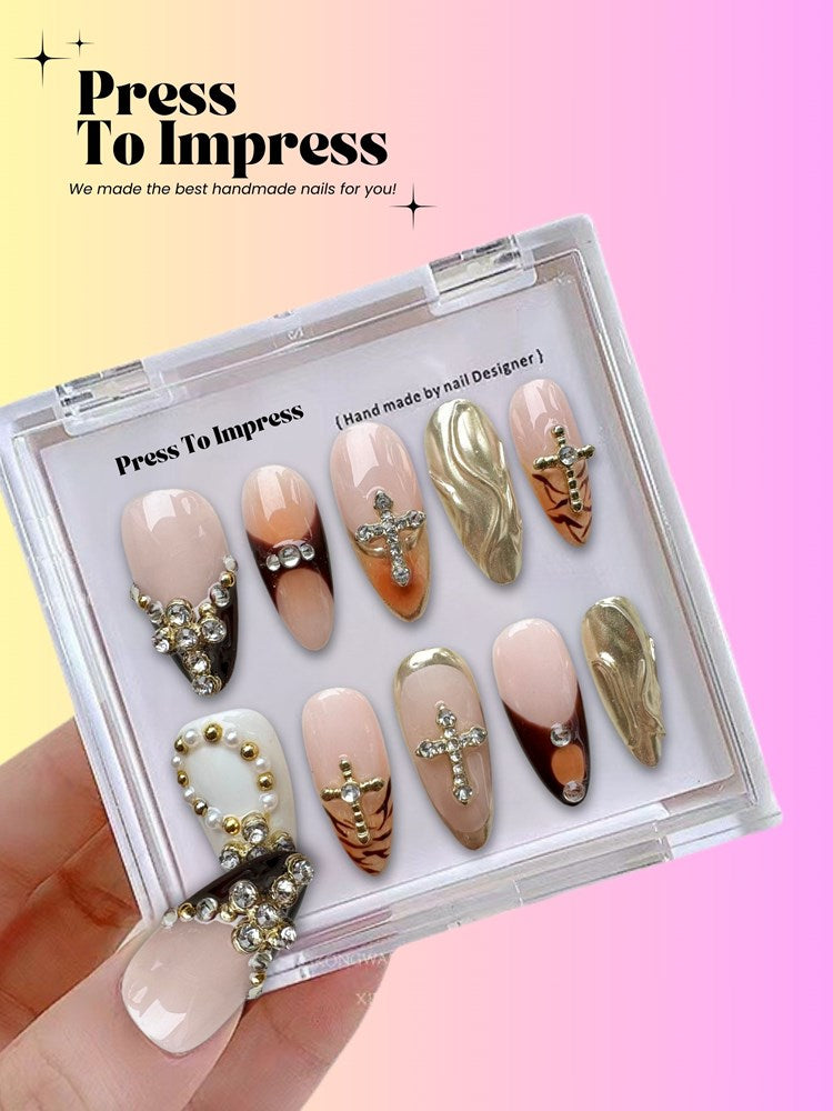 Golden Cross 3D Almond Handmade Press On Nails