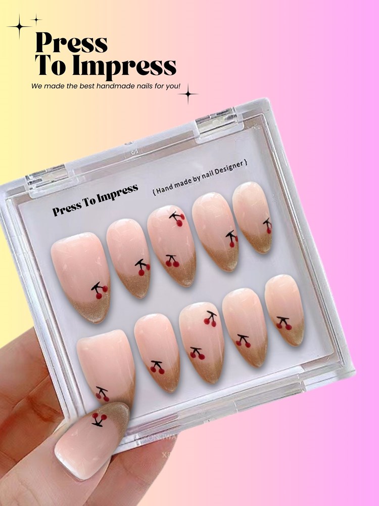 Golden Cherry French Handmade Press On Nails