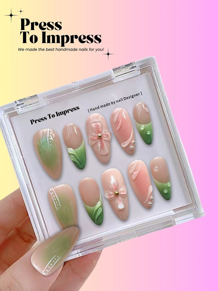 Blush Meadow 3D Almond Handmade Press On Nails