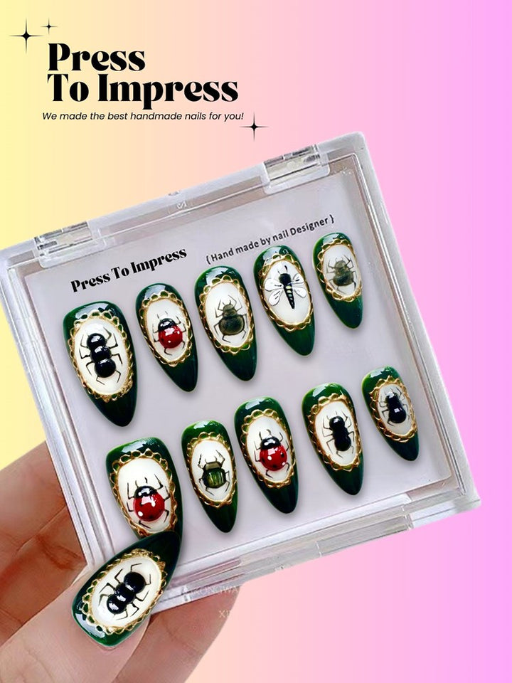 Enchanted Insects 3D Almond Handmade Press On Nails