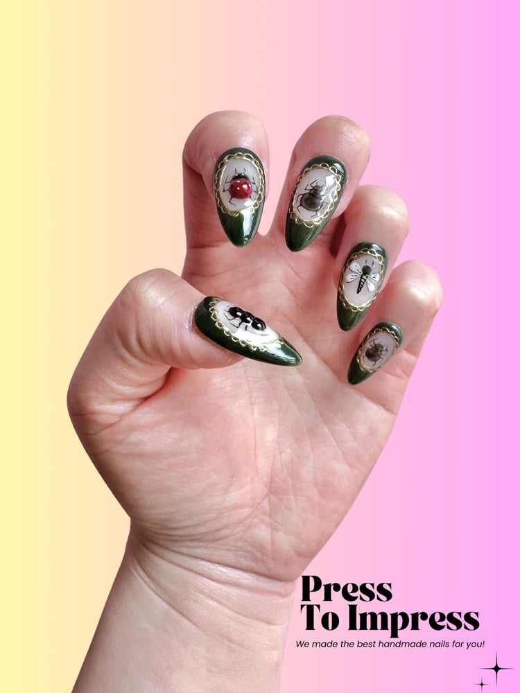 Enchanted Insects 3D Almond Handmade Press On Nails
