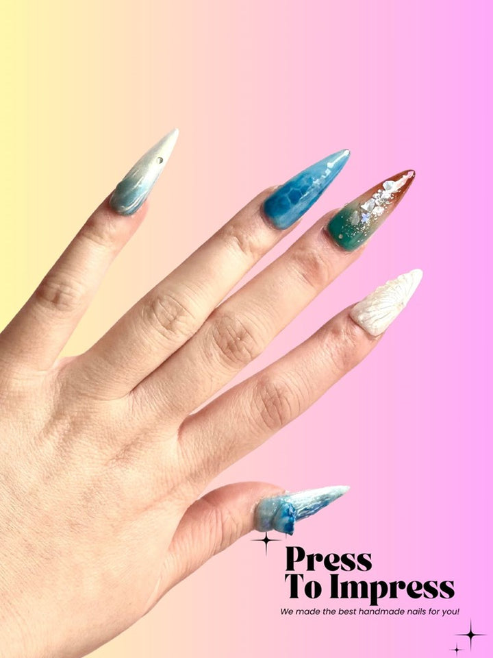 Cyrstal Ocean 3D Stiletto Handmade Press On Nails