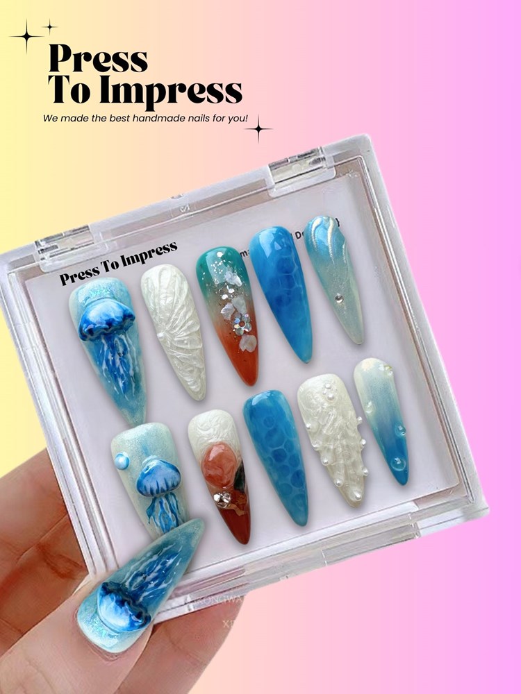 Cyrstal Ocean 3D Stiletto Handmade Press On Nails