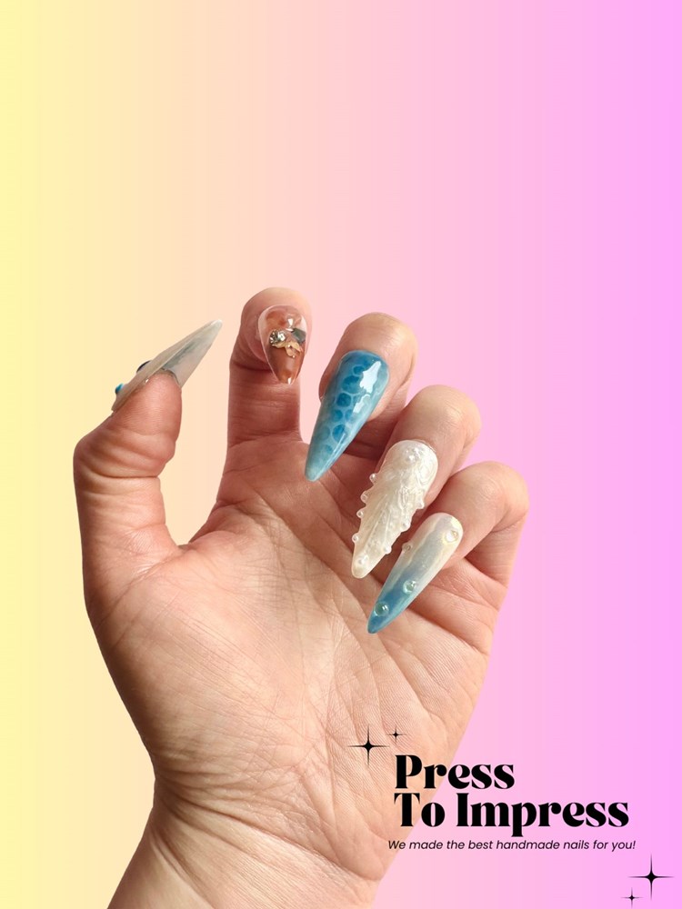 Cyrstal Ocean 3D Stiletto Handmade Press On Nails