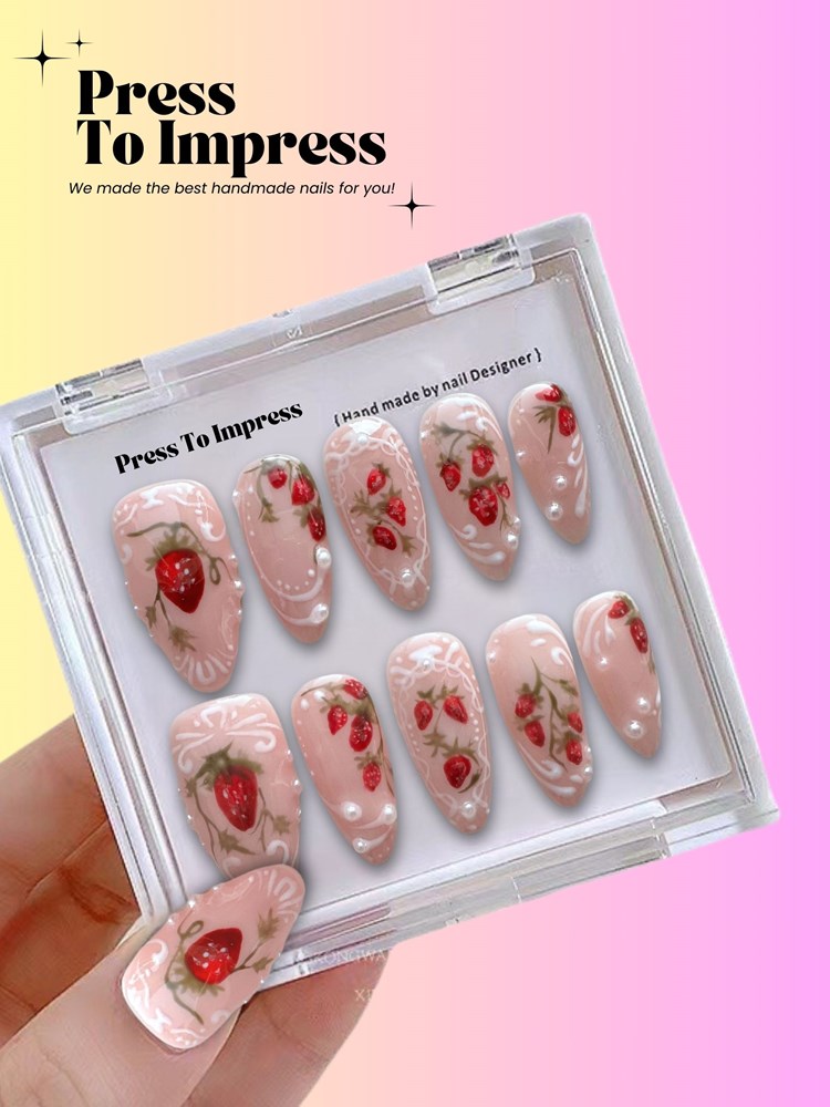 Strawberry Lace Handmade Press On Nails