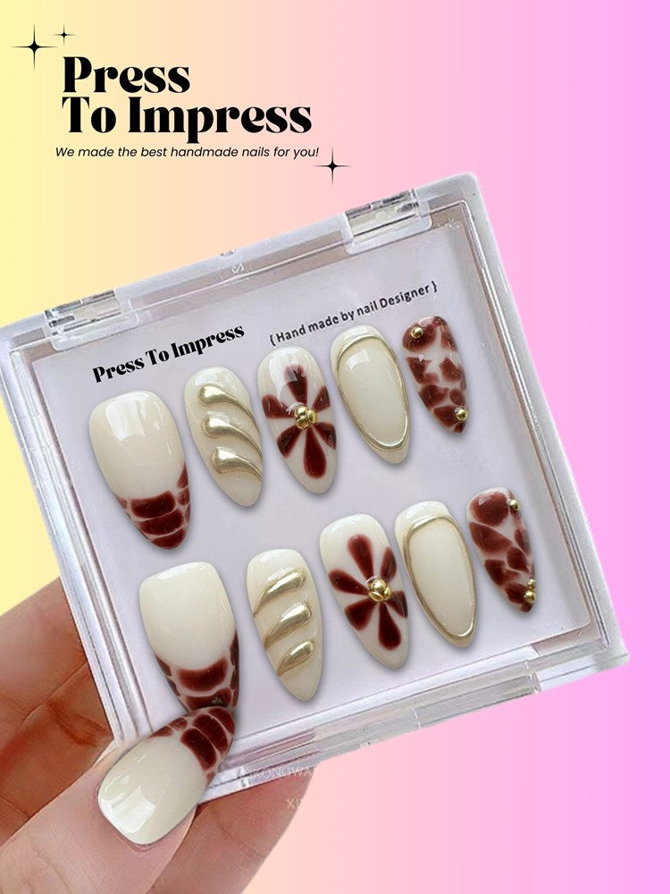 Mocha Blossom 3D Almond Handmade Press on Nails