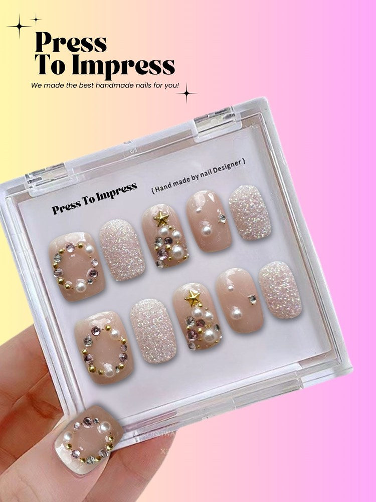 Champagne Noel Square Christmas Handmade Press On Nails