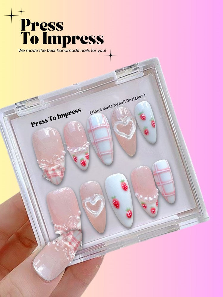 Strawberry Milk 3D Almond Handmade Press On Nails