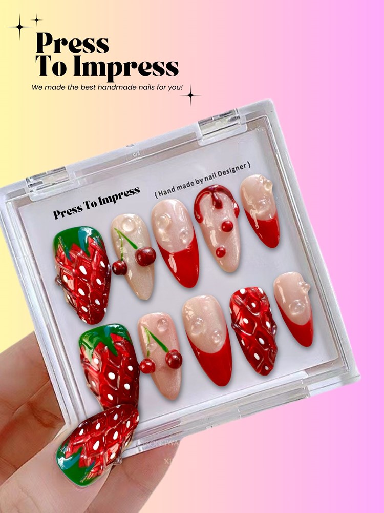 Strawberry Kiss 3D Almond Handmade Press On Nails