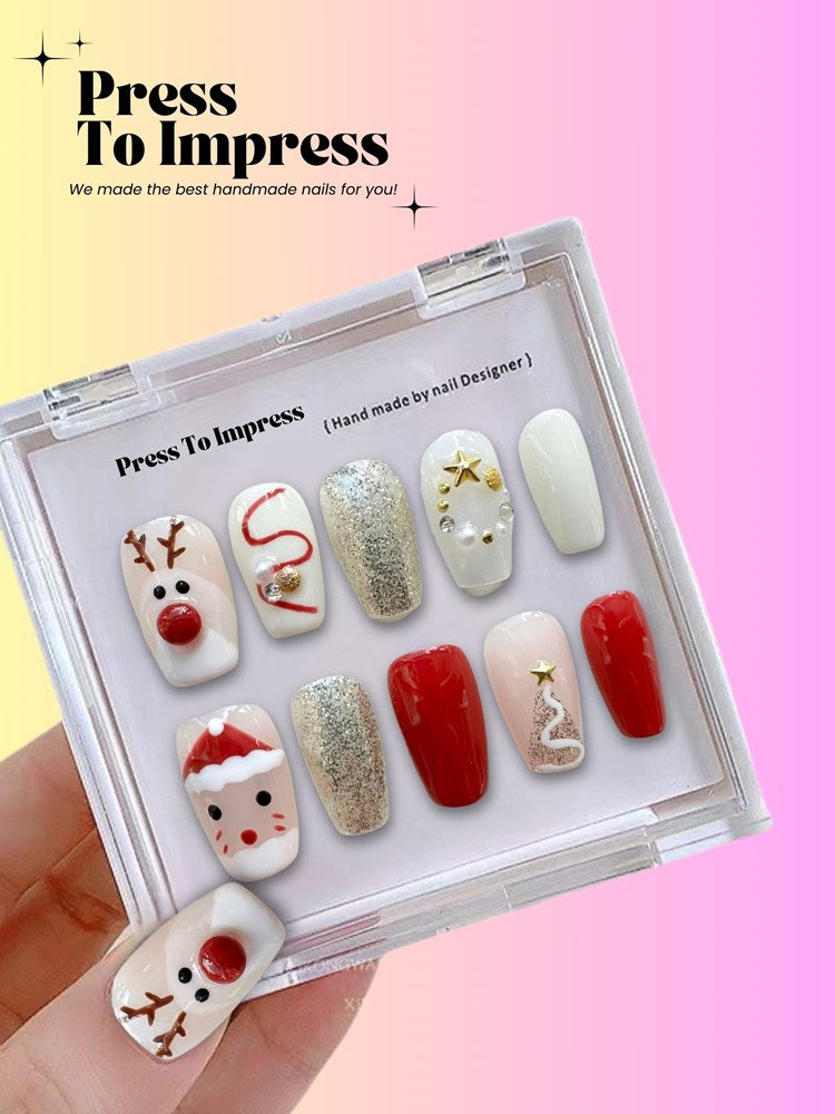 Rudolph's Cheer Short Coffin Shape Handmade Press On Nails