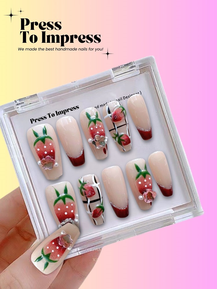 Ruby Strawberry 3D Coffin Shape Handmade Press On Nails