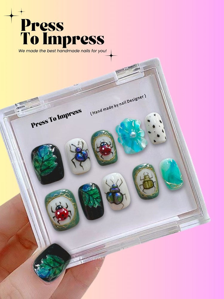 Ladybug Garden 3D Square Handmade Press On Nails