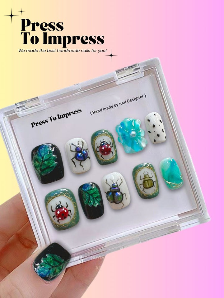 Ladybug Garden 3D Square Handmade Press On Nails