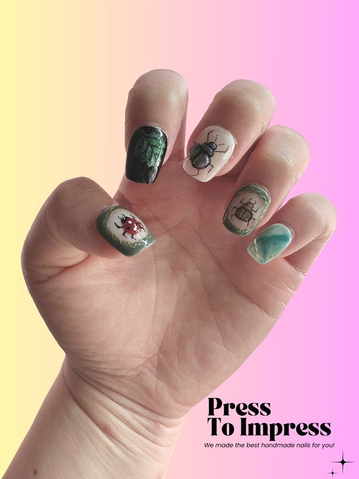 Ladybug Garden 3D Square Handmade Press On Nails