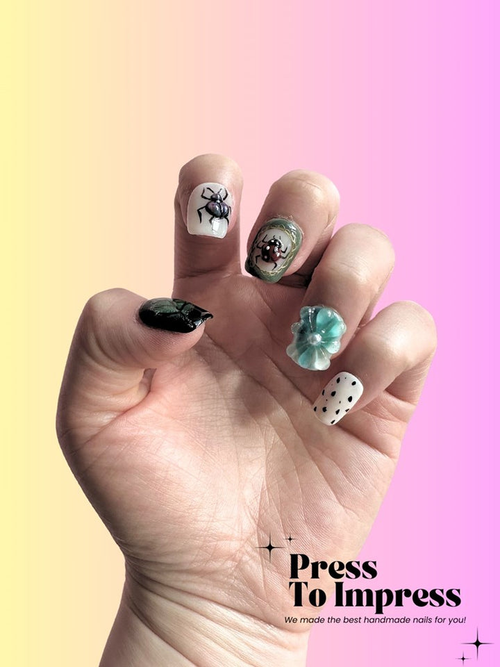 Ladybug Garden 3D Square Handmade Press On Nails