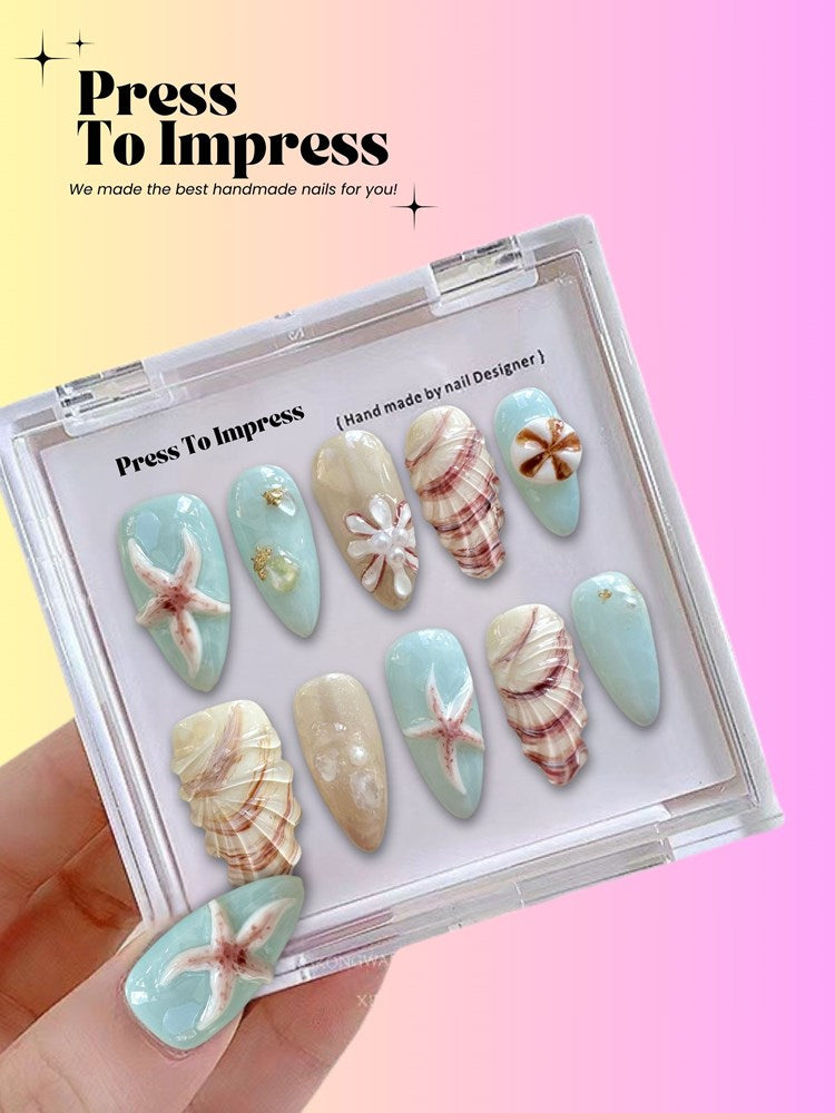 Seashell Dreams 3D Almond Handmade Press On Nails