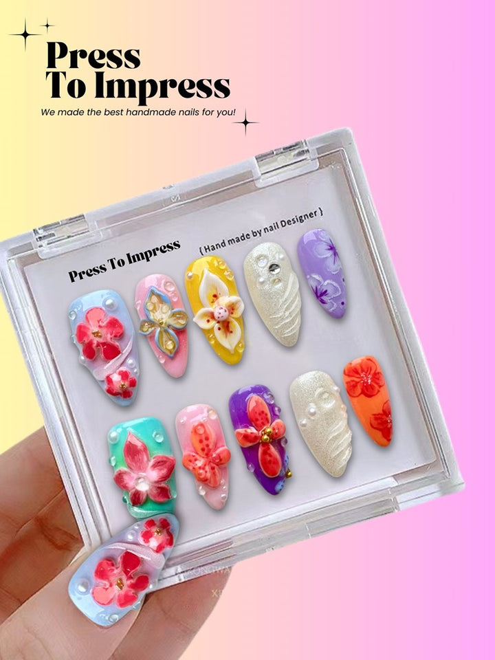 Tropical Bloom 3D Almond Handmade Press on Nails