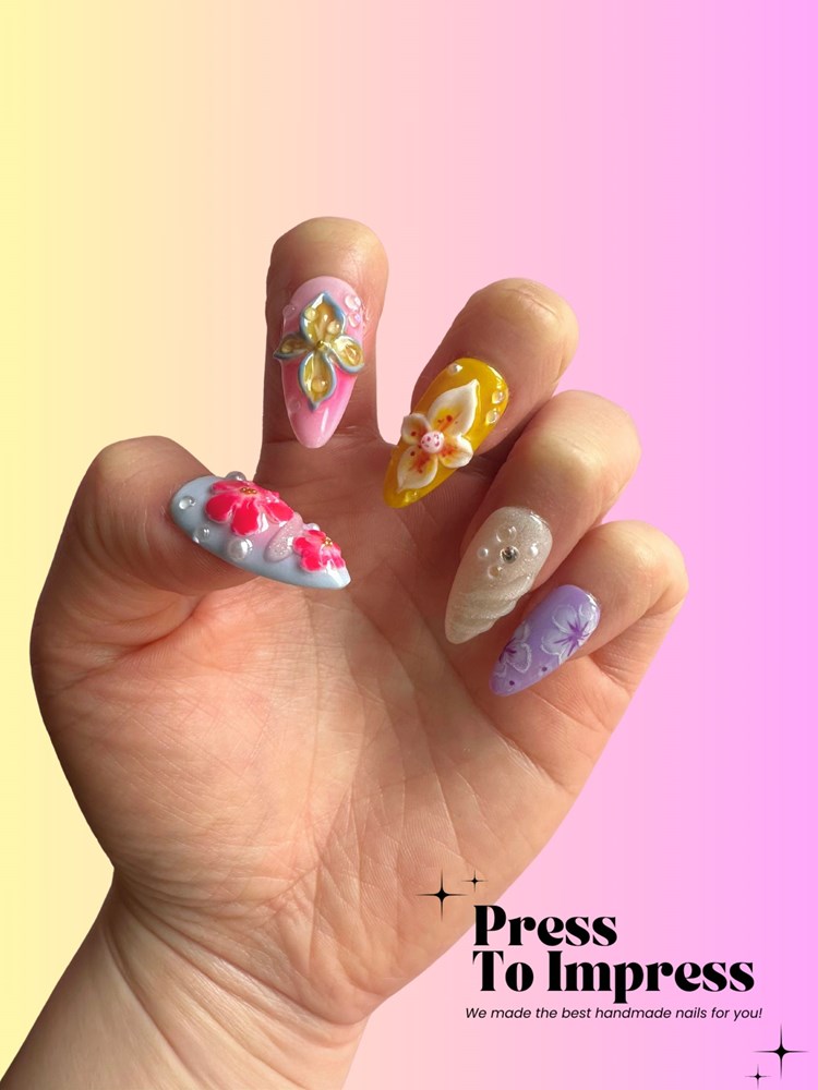 Tropical Bloom 3D Almond Handmade Press on Nails