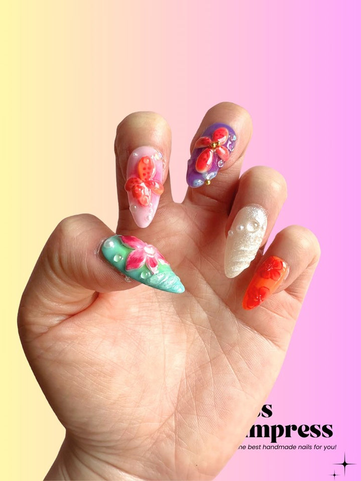 Tropical Bloom 3D Almond Handmade Press on Nails