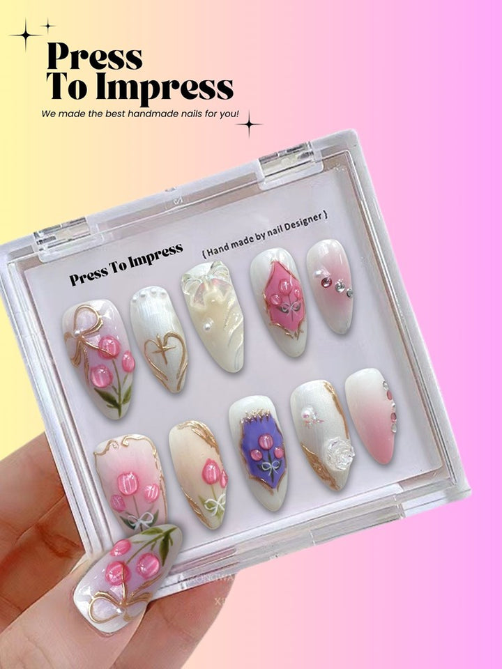 Blushing Tuplip 3D Almond Handmade Press on Nails