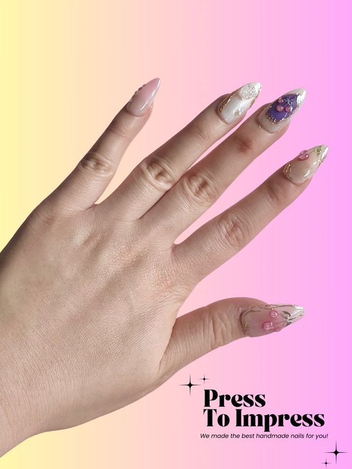 Blushing Tuplip 3D Almond Handmade Press on Nails