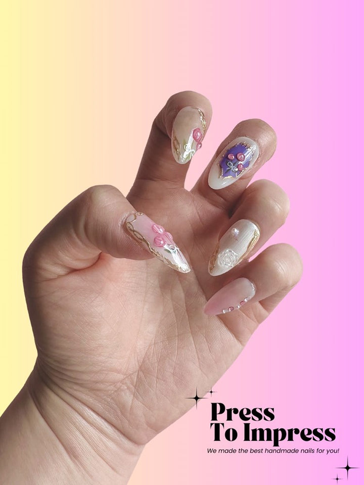 Blushing Tuplip 3D Almond Handmade Press on Nails