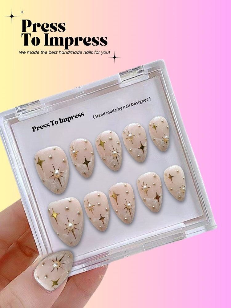 Golden Constellation Short Almond Handmade Press On Nails