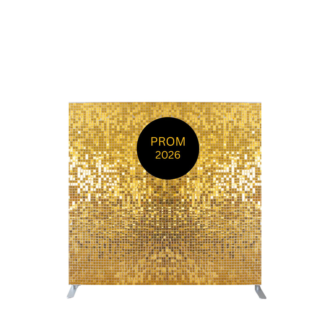 Gold Shimmer Wall with Prom 2026 sign in a black acrylic round sign