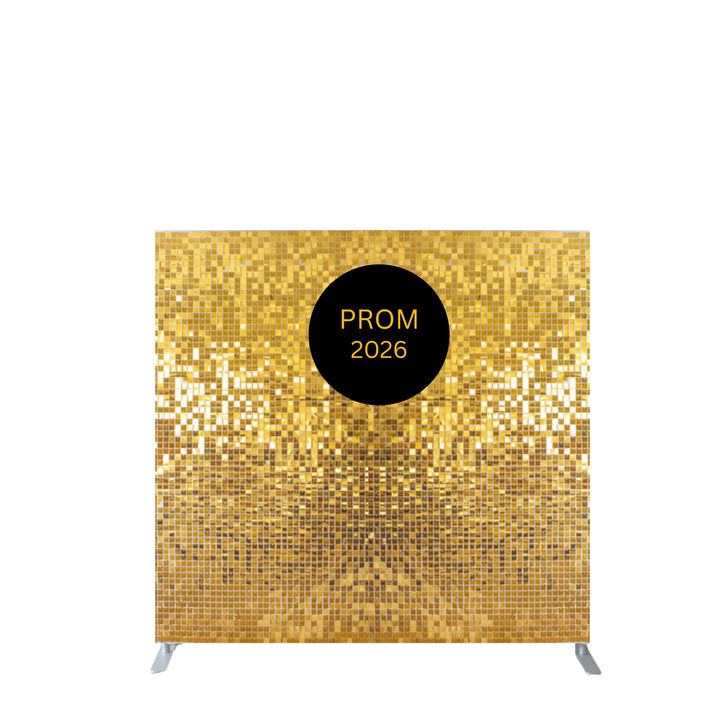 Gold Shimmer Wall with Prom 2026 sign in a black acrylic round sign