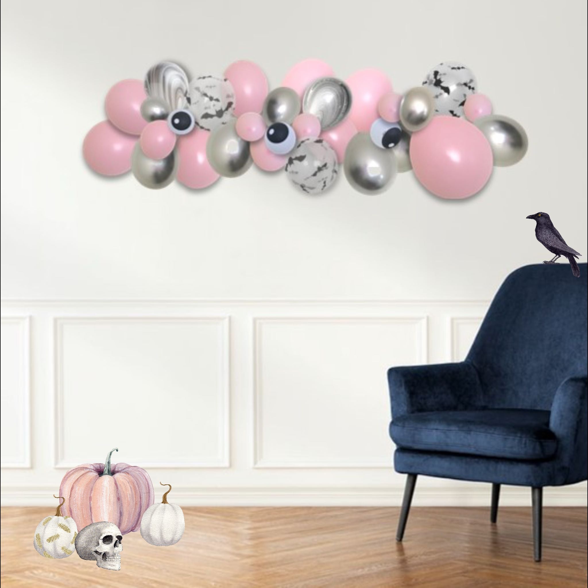 My Party Box Halloween Pink & Silver Balloon Garland DIY Kit with Pink, Chrome silver, Marble and Clear Bat Latex Balloon