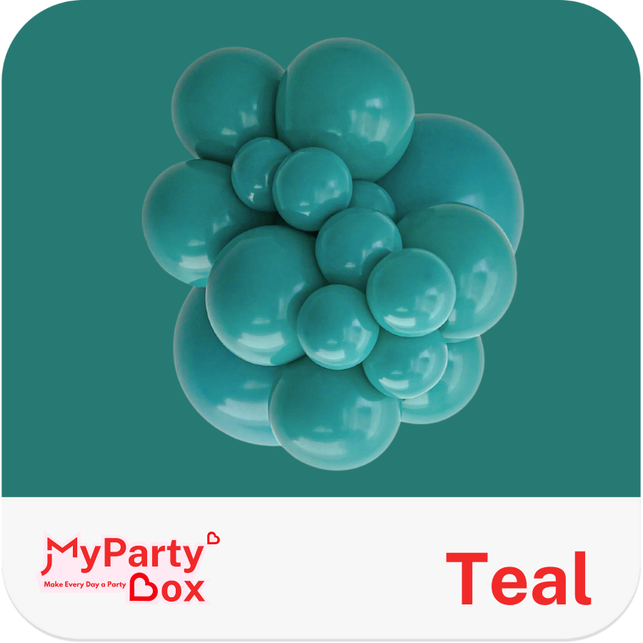 Teal balloons on a teal background with 'My Party Box' branding.