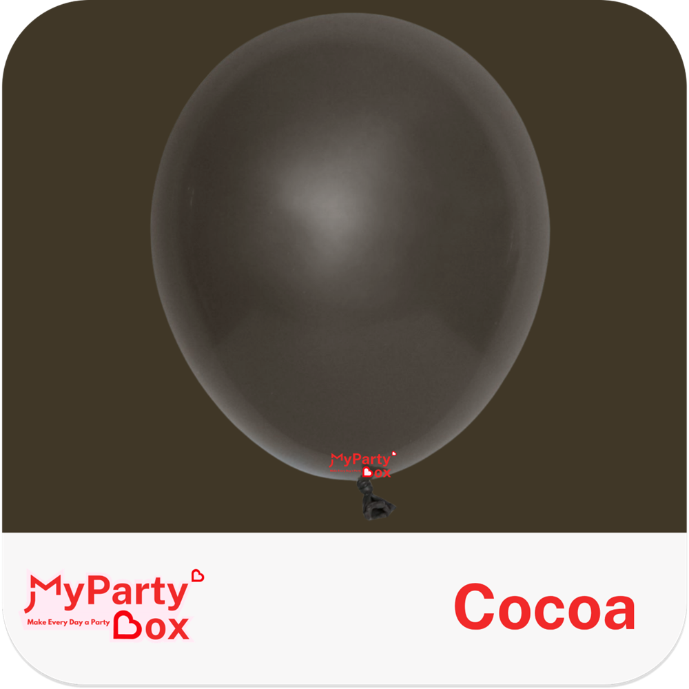 Cocoa-colored balloon with 'My Party Box' branding on a brown background