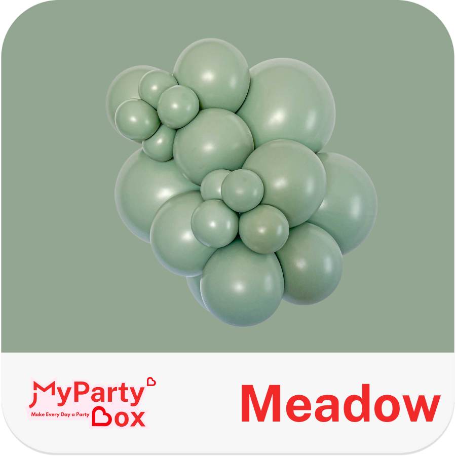 Balloon cluster with 'MyPartyBox' and 'Meadow' text on a green background