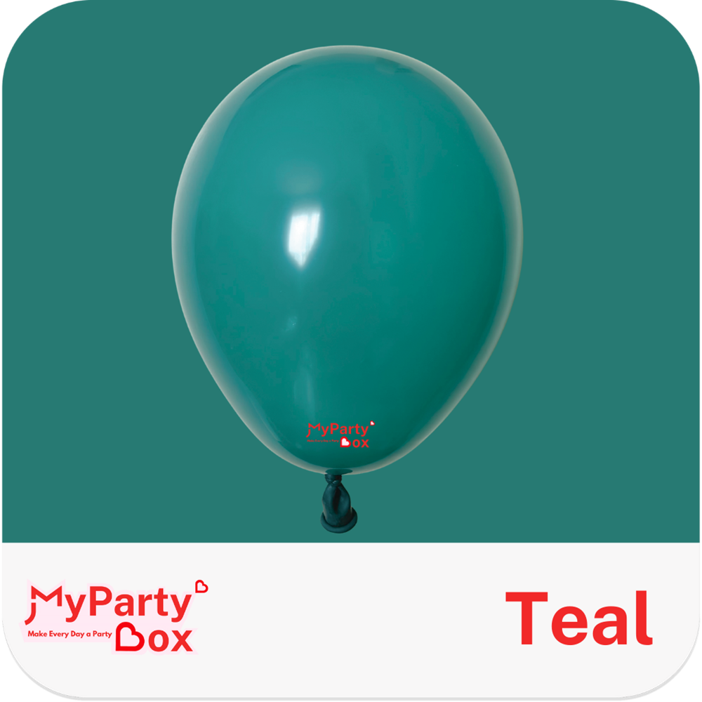 Teal balloon with 'MyPartyBox' logo on a green and white background