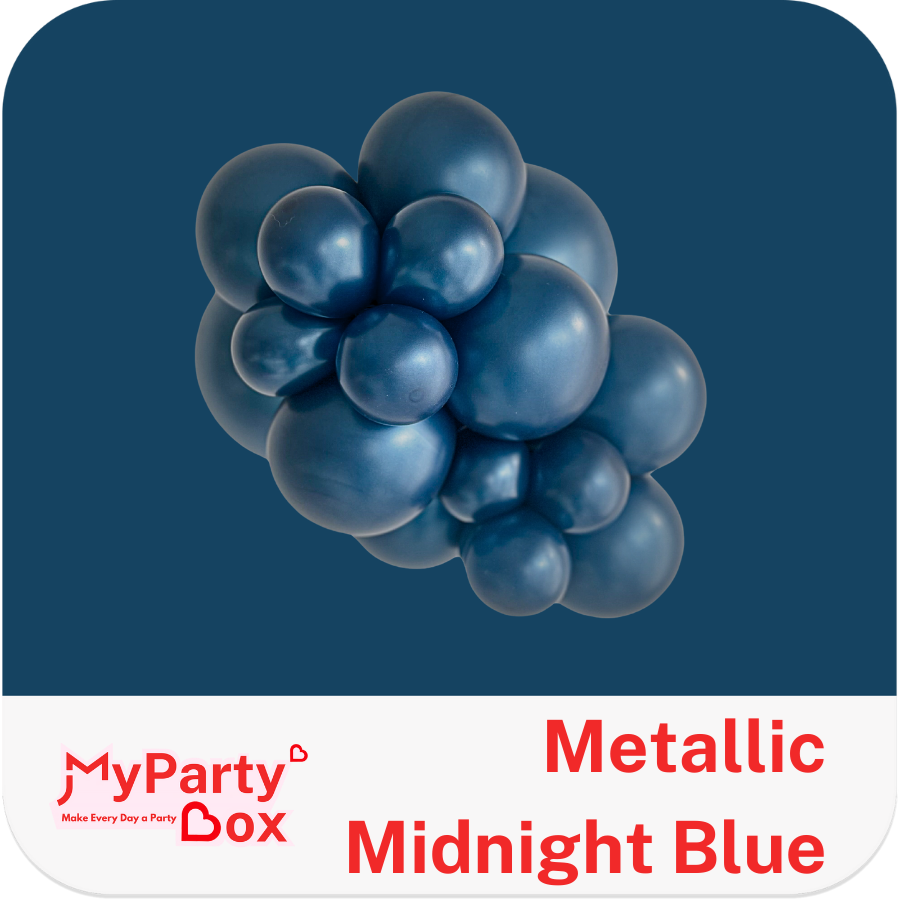 Metallic midnight blue balloons on a blue background with 'MyPartyBox' branding.