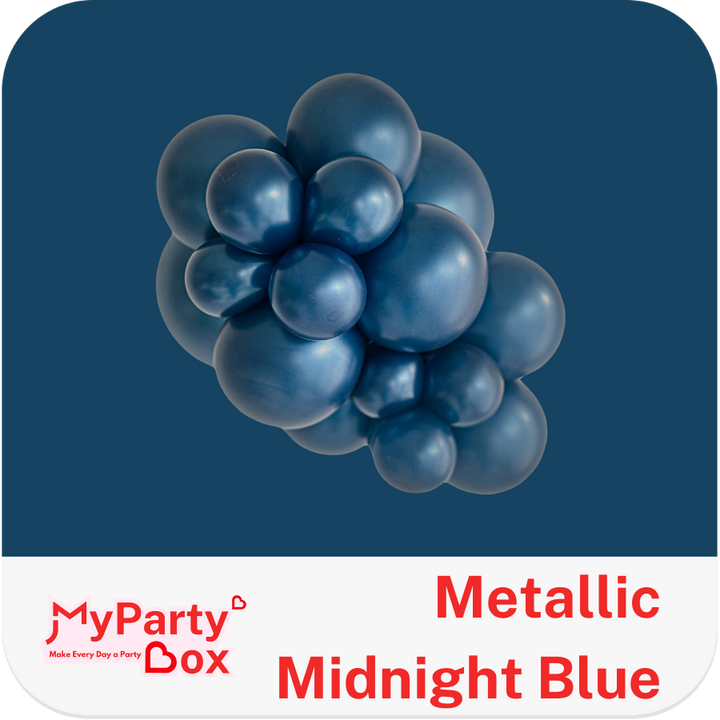 Metallic midnight blue balloons on a blue background with 'MyPartyBox' branding.