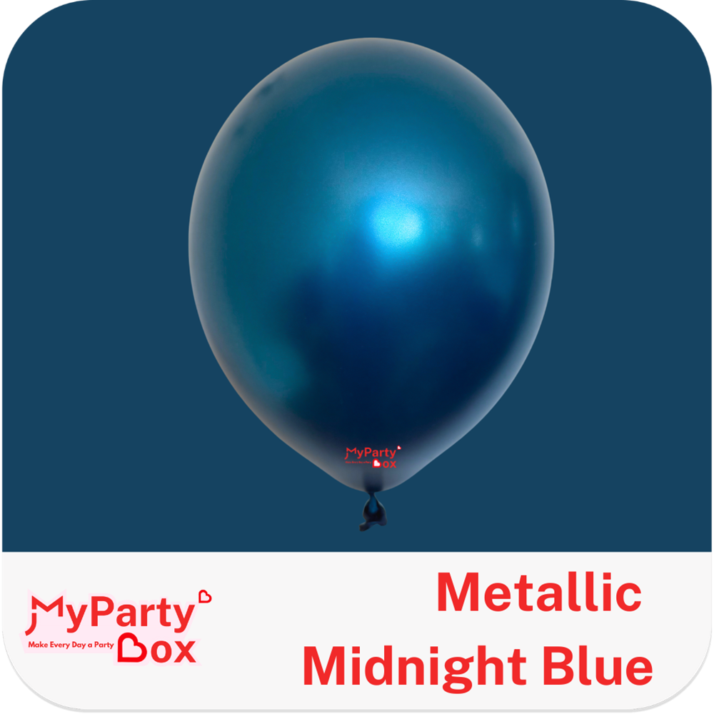 Metallic midnight blue balloon with 'MyPartyBox' branding on a blue background