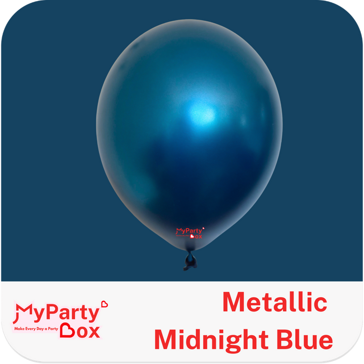 Metallic midnight blue balloon with 'MyPartyBox' branding on a blue background