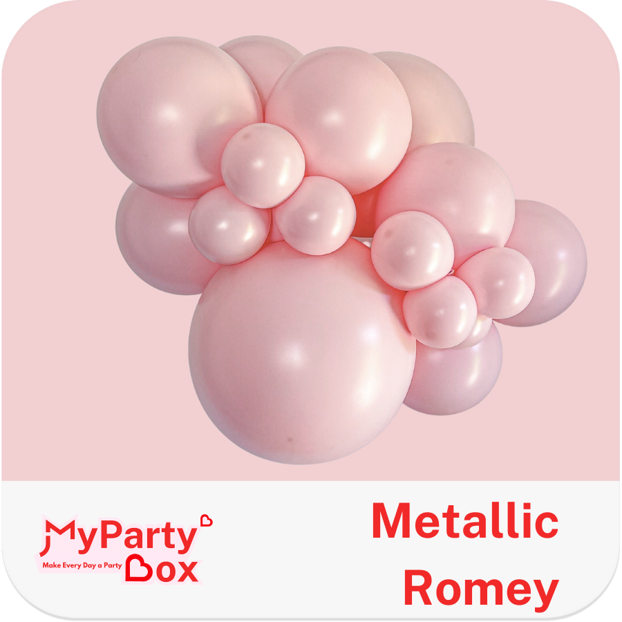 Pink metallic balloons arranged in a decorative pattern on a pink background with 'My Party Box' branding.