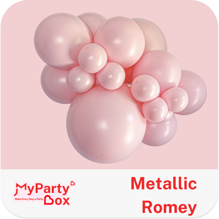 Pink metallic balloons arranged in a decorative pattern on a pink background with 'My Party Box' branding.