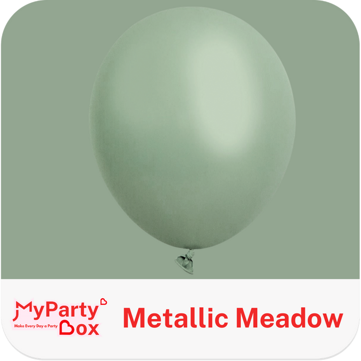 Metallic meadow balloon with 'My Party Box' branding on a matching background
