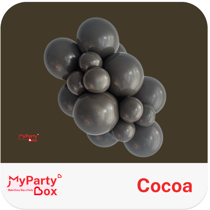 Gray balloons on a brown and white background with 'MyPartyBox' branding.