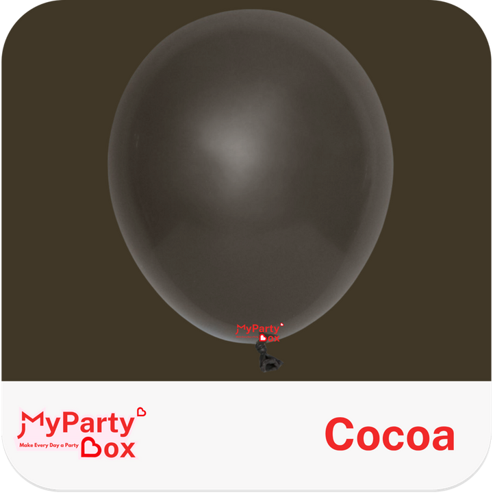 Cocoa-colored balloon with 'My Party Box' branding on a brown background
