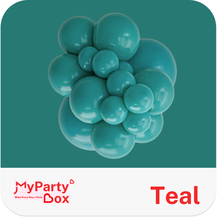 Teal balloons on a teal background with 'My Party Box' branding.